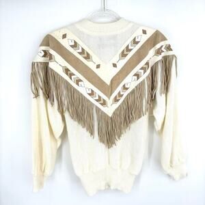Vintage 80's Pioneer Wear Fringe Western Sweater Cream Tan Size Medium‎ Chevron